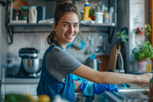 Smiling female cleaner polishing kitchen with cloth, happy housewife maintaining home, busy professional janitor service dusting, mopping, washing.