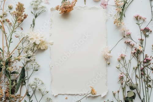 Blank paper with dried flowers in a flat lay arrangement, offering ample copy space for writing