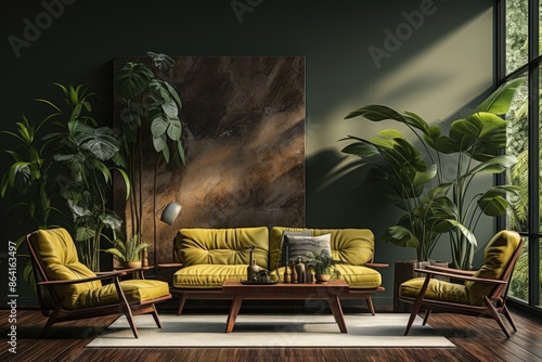 Interior Design of Modern Living Room from the mid century with Monstera Backgro, generative IA photo