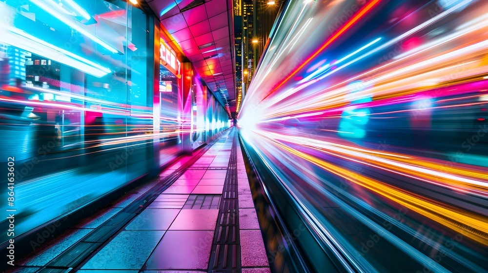 Blurred City Street at Night with Neon Lights and High-Speed Traffic