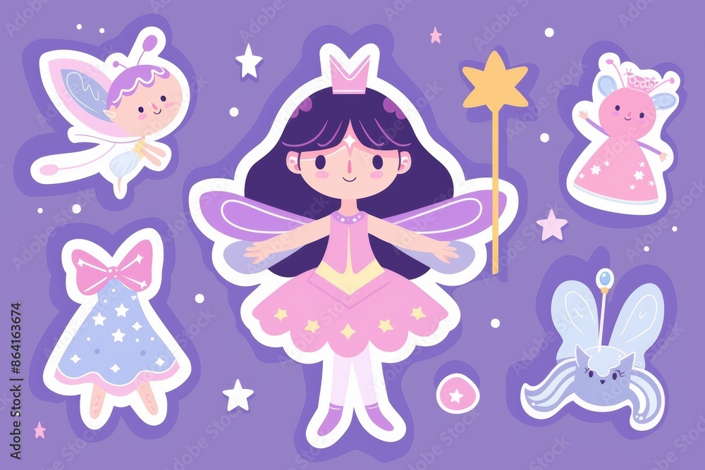 Cute cartoon kawaii funny magic character with wings. Hair decoration, magic wand. Violet background. Isolated. Cute cartoon kawaii funny magic character with wings. Hair decoration, magic wand. Violet background. Isolated.
