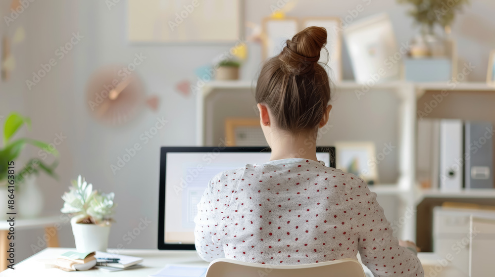 Woman working from home office, focusing on laptop screen. Cozy setup with plant, coffee cup, and stationery on desk. Woman working from home office, focusing on laptop screen. Cozy setup with plant, coffee cup, and stationery on desk.