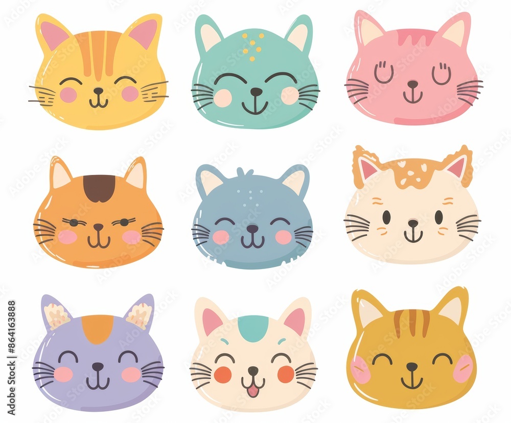 Round cat kitty icon set. Cute kitten face head. Different emotions, colors. Cartoon kawaii funny baby character. Contour line doodle. Sticker print. White background. Round cat kitty icon set. Cute kitten face head. Different emotions, colors. Cartoon kawaii funny baby character. Contour line doodle. Sticker print. White background.