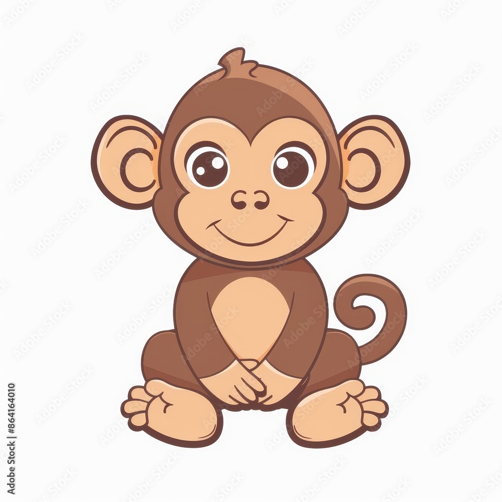 Icon of a monkey. Funny cartoon character. Brown color. Childish style. Educational card for kids. Flat design. White background. Isolated. Icon of a monkey. Funny cartoon character. Brown color. Childish style. Educational card for kids. Flat design. White background. Isolated.