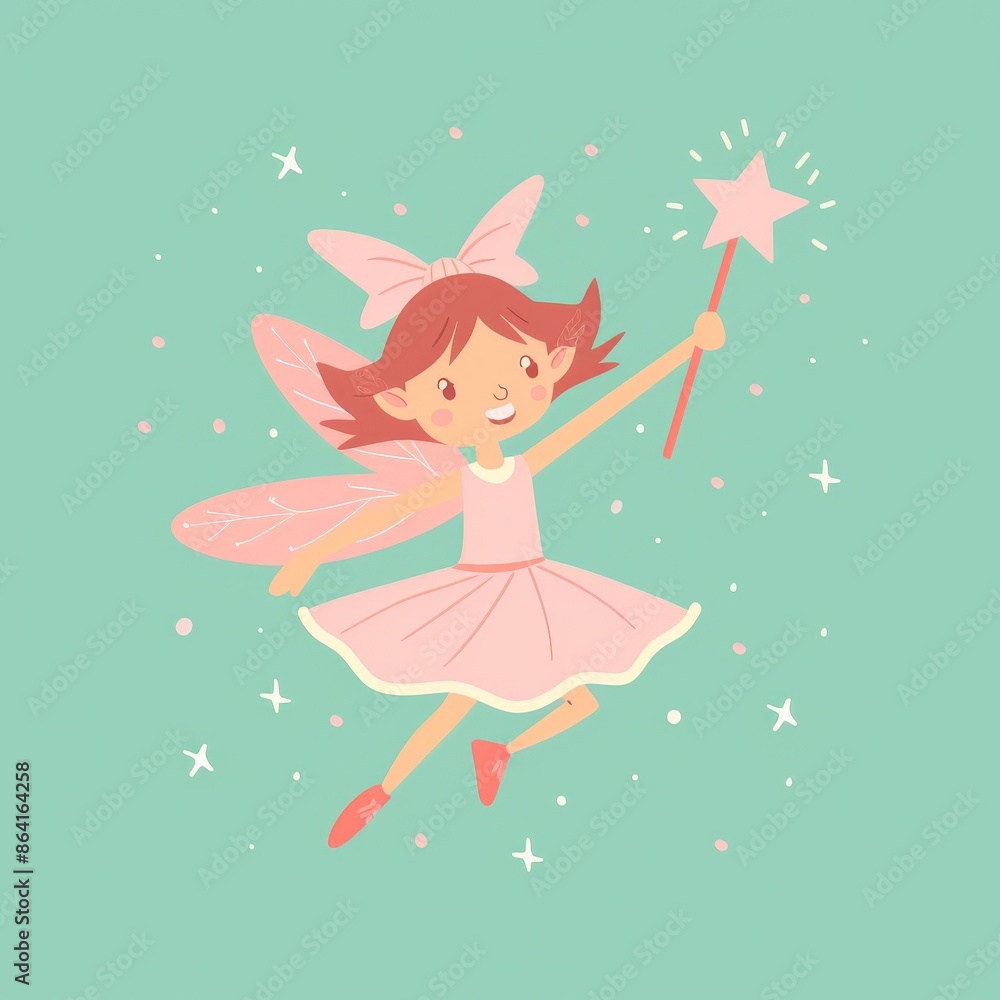 A charming little princess with wings. In a pink flower dress. Flying Fairies. Cute cartoon kawaii character. Paper doll. With a magic wand, and a hair decoration. Green background. Isolated. Vector. A charming little princess with wings. In a pink flower dress. Flying Fairies. Cute cartoon kawaii character. Paper doll. With a magic wand, and a hair decoration. Green background. Isolated. Vector.
