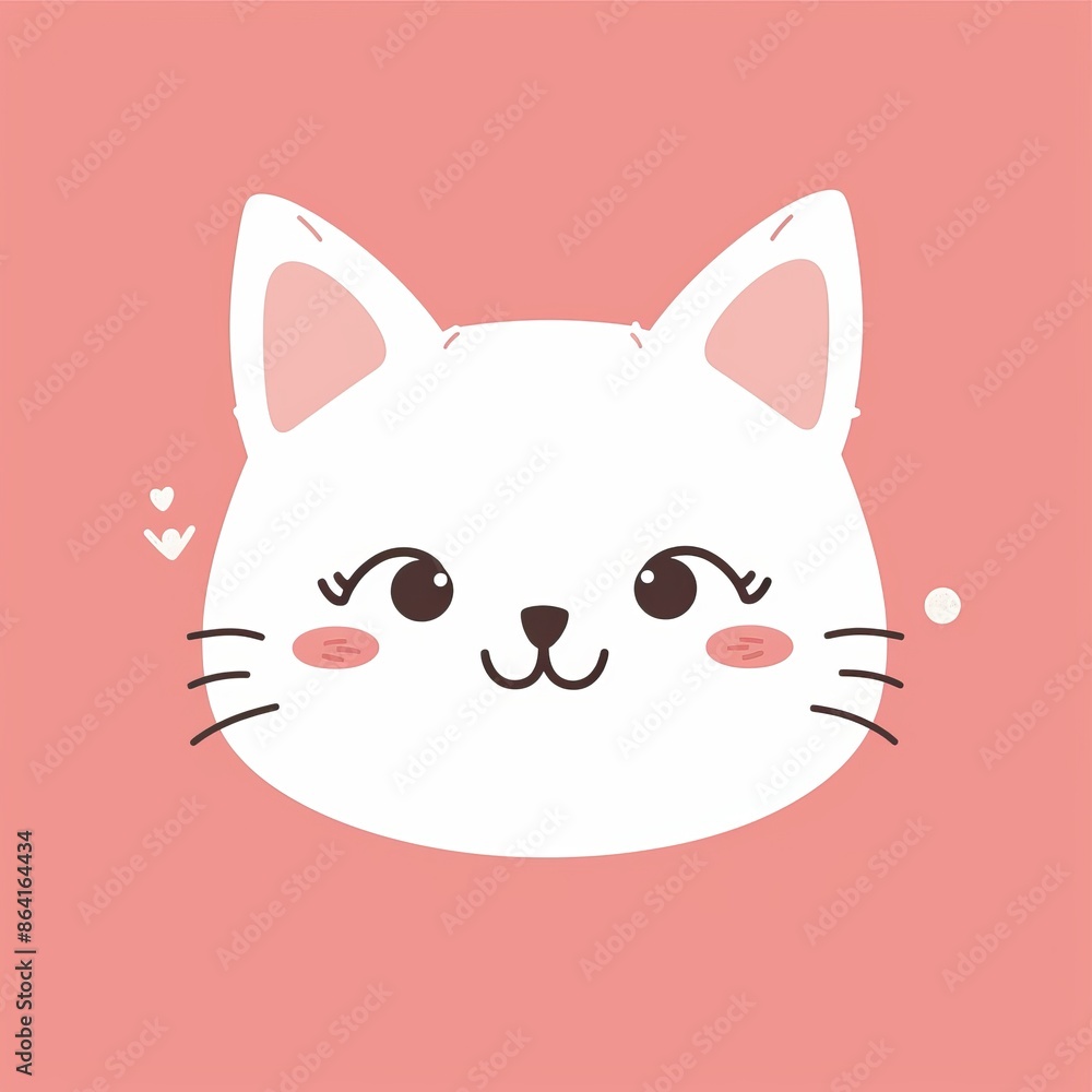 Animated white cat face icon. Kawaii baby character with pink ears and cheeks. Animal for Valentine's day. Sticker print. Flat design. Pink background.