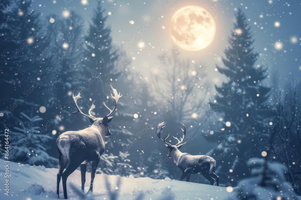 enchanting winter scene with magical reindeer prancing through snowcovered forest soft moonlight illuminating their graceful forms enchanting winter scene with magical reindeer prancing through snowcovered forest soft moonlight illuminating their graceful forms