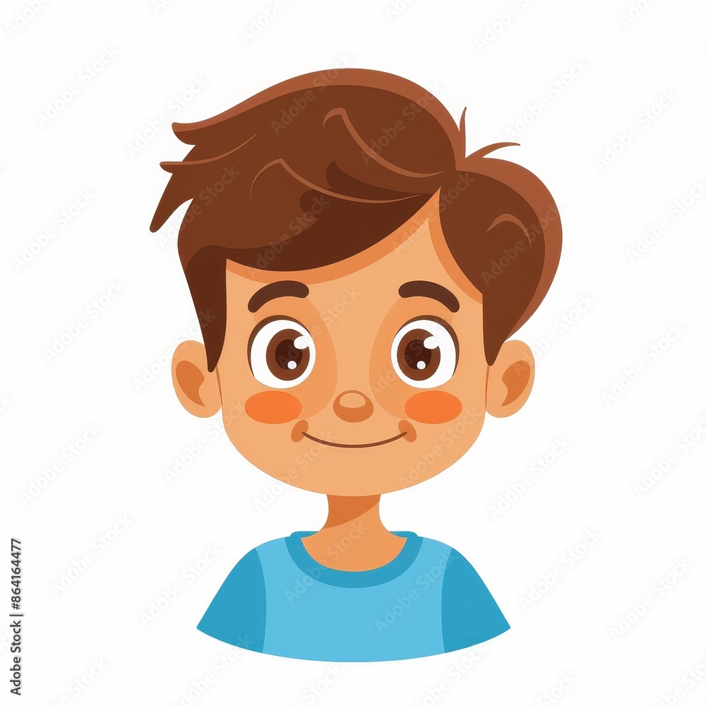 The cute cartoon kid character with brown hair, smiling face, blue eyes is a kawaii character. Can be used for invitation, greeting card or sticker design. Modern flat design on white background for The cute cartoon kid character with brown hair, smiling face, blue eyes is a kawaii character. Can be used for invitation, greeting card or sticker design. Modern flat design on white background for