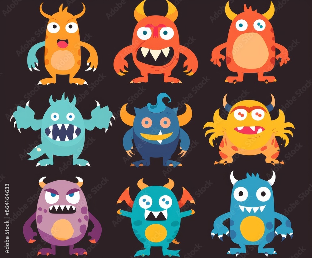 Set of cartoon kawaii funny boo characters. Cute face with teeth, horns, eyes, and hands. Colorful silhouette monsters. Happy Halloween. Childish baby collection. Black background. Flat design Modern Set of cartoon kawaii funny boo characters. Cute face with teeth, horns, eyes, and hands. Colorful silhouette monsters. Happy Halloween. Childish baby collection. Black background. Flat design Modern