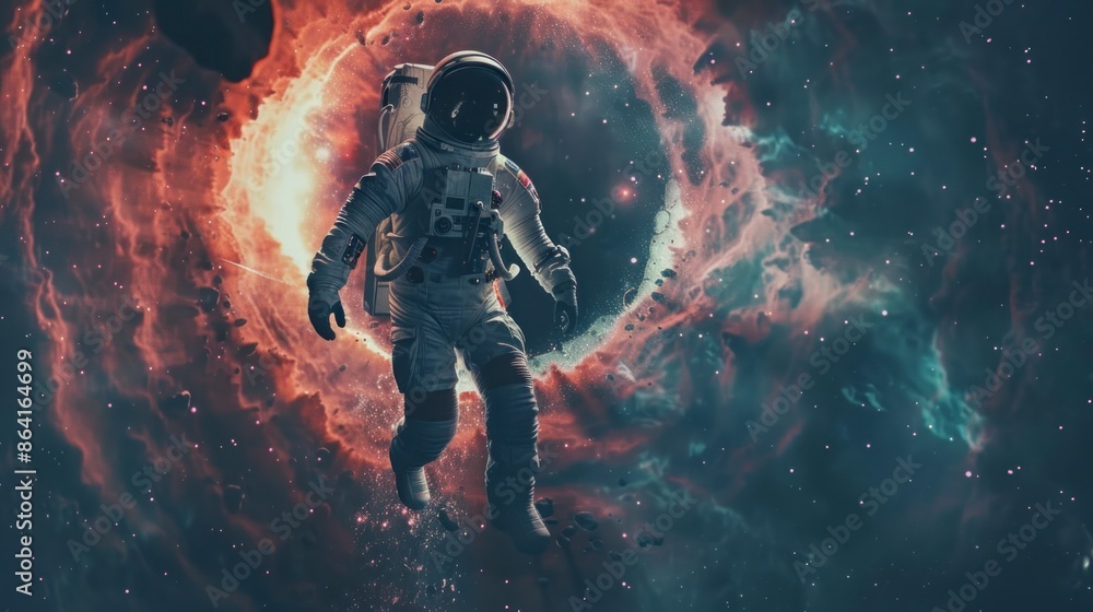 astronaut floating in space with a black or worm hole on his back astronaut floating in space with a black or worm hole on his back
