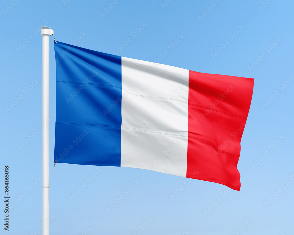 Realistic France flag on stick on sky background. French flag illustration Realistic France flag on stick on sky background. French flag illustration