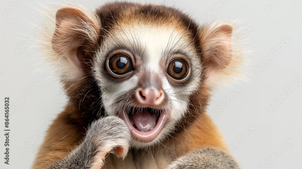 cute and adorable slow loris animal with big eyes, mouth open, happy expression, pure white background cute and adorable slow loris animal with big eyes, mouth open, happy expression, pure white background