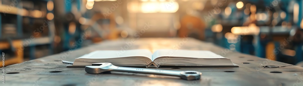 Skill Development Workshop Glowing wrench and book with softly lit workshop setting