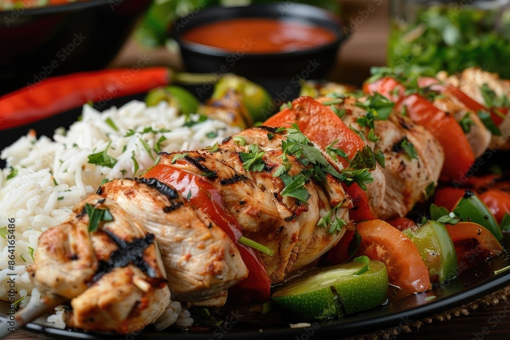 Grilled chicken kebabs with vegetables served with rice, garnished with fresh herbs. Delicious and healthy meal, perfect for a summer barbecue. Grilled chicken kebabs with vegetables served with rice, garnished with fresh herbs. Delicious and healthy meal, perfect for a summer barbecue.
