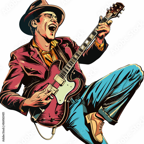 vector illustration of a man playing the electric guitar on a white background