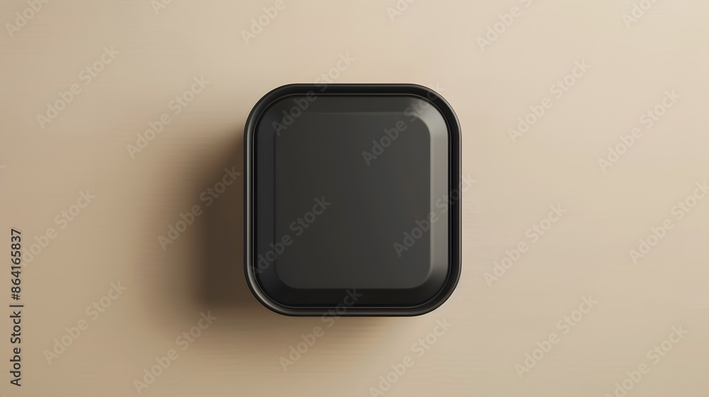 Digital rendering of a sleek, black reusable food container, showcased on a plain background, viewed from above. Digital rendering of a sleek, black reusable food container, showcased on a plain background, viewed from above.