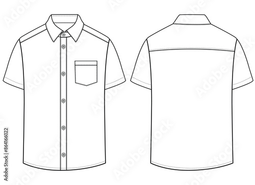 Short sleeved men sleeves formal resort shirt flat technical drawing vector illustration mockup template design	