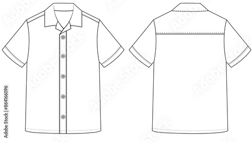 Short sleeved men sleeves formal resort shirt flat technical drawing vector illustration mockup template design	 photo