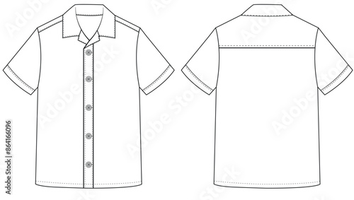 Short sleeved men sleeves formal resort shirt flat technical drawing vector illustration mockup template design	