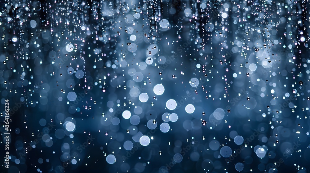 Obraz premium Elegant depiction of silver sparkles cascading through a translucent liquid, against a backdrop of deep navy blue.