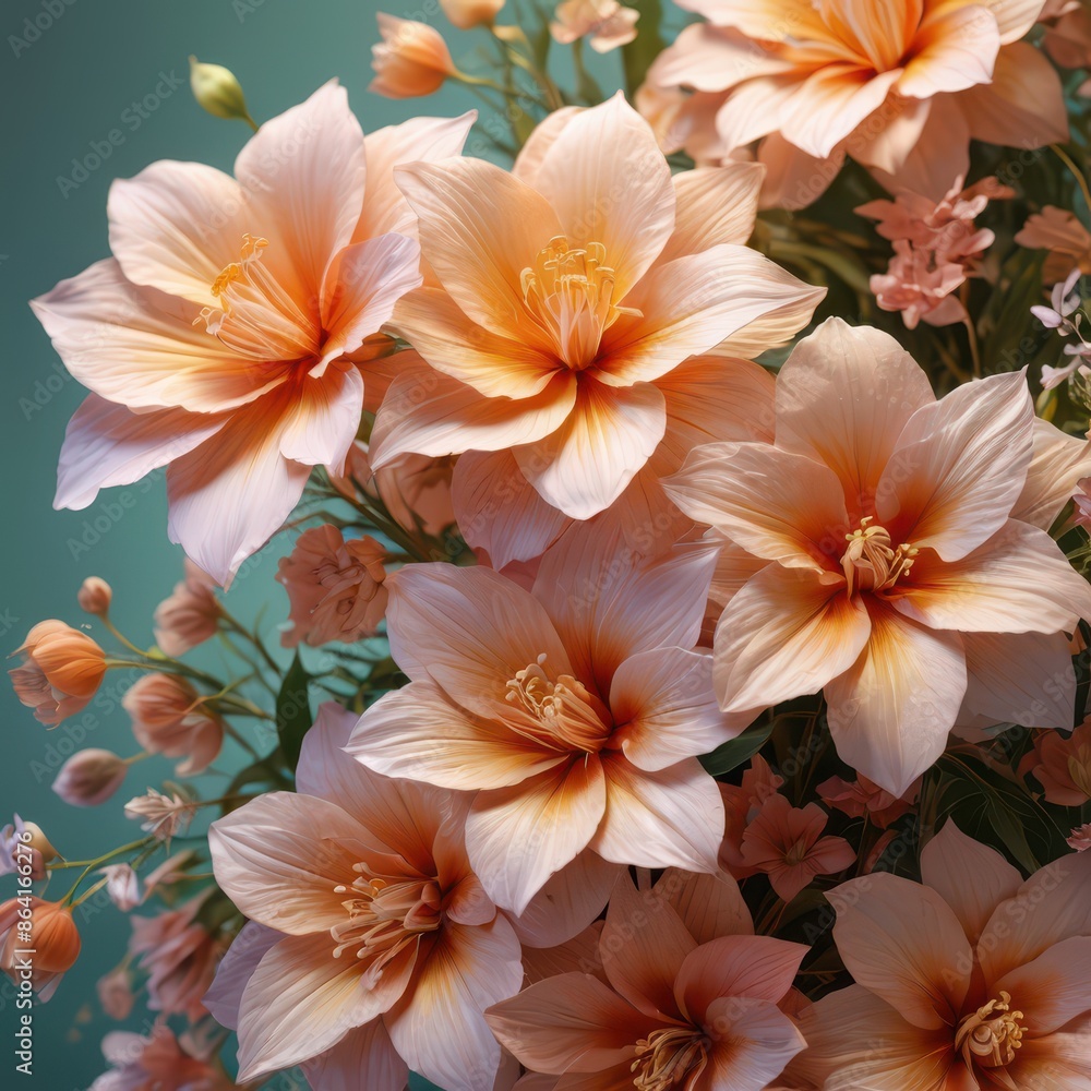 Fototapeta premium Delicate Peach Flowers on Teal Background.