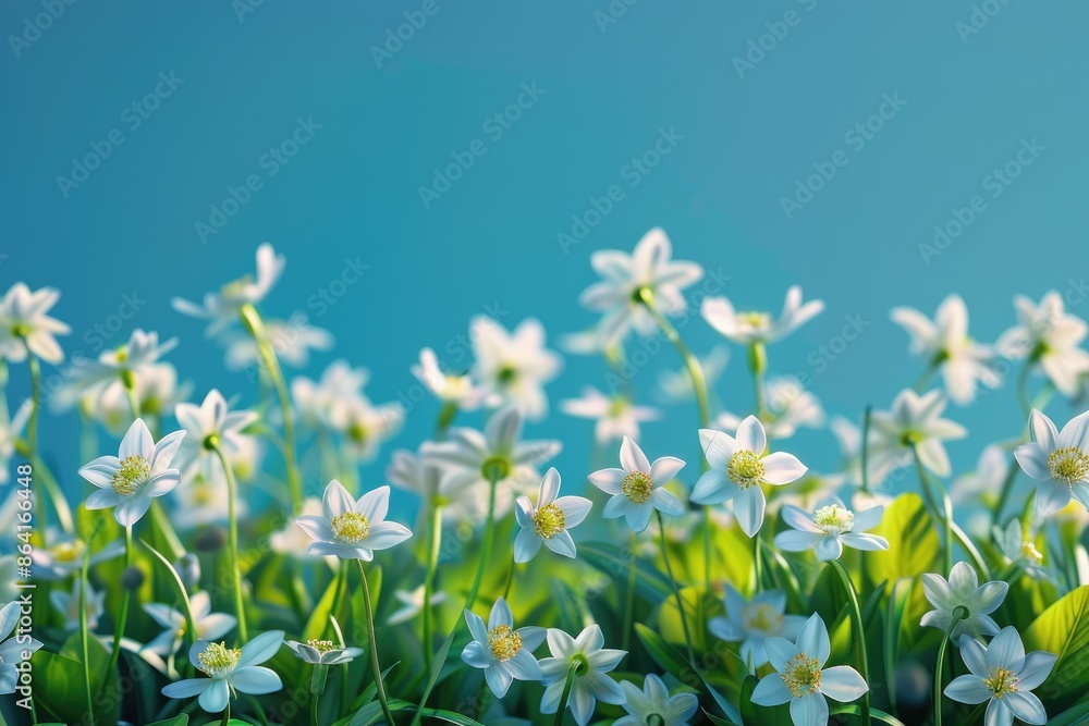 Delicate white spring forest flowers on a blue background. Spring natural flower background. Border of flowers Delicate white spring forest flowers on a blue background. Spring natural flower background. Border of flowers