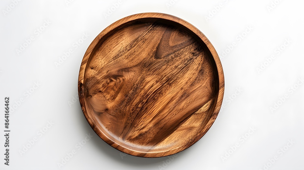 Empty wooden plate on white background, top view, flat lay. The empty wood bowl is made of natural acacia and a visible grain texture for serving food or as a design concept. Empty wooden plate on white background, top view, flat lay. The empty wood bowl is made of natural acacia and a visible grain texture for serving food or as a design concept.
