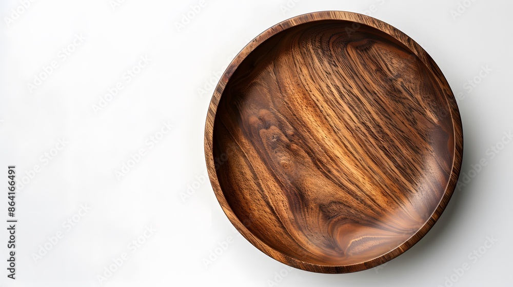 Empty wooden plate on white background, top view, flat lay. The empty wood bowl is made of natural acacia and a visible grain texture for serving food or as a design concept. Empty wooden plate on white background, top view, flat lay. The empty wood bowl is made of natural acacia and a visible grain texture for serving food or as a design concept.