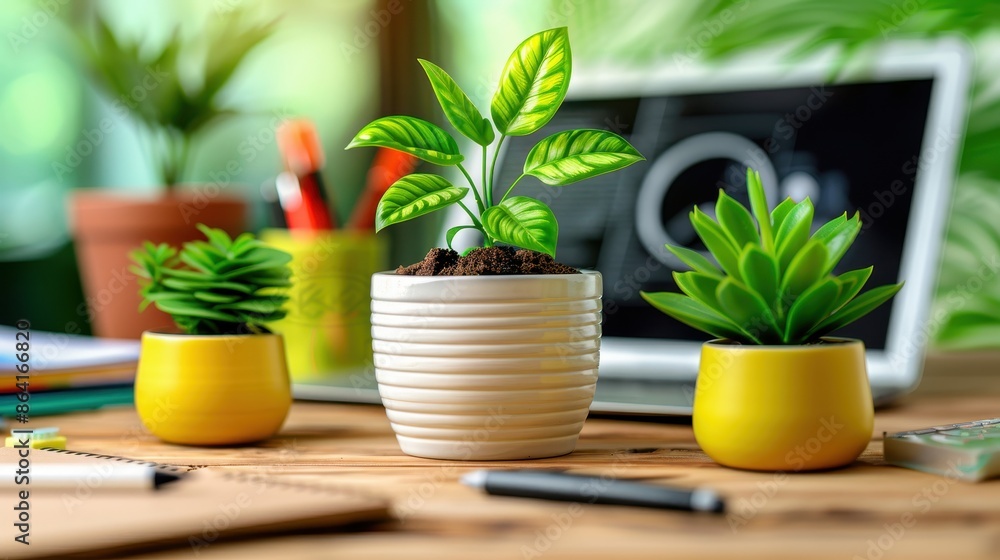 Modern workspace with potted plants, notebook, and laptop. Bright and cozy desk design for productivity and greenery inspiration. Modern workspace with potted plants, notebook, and laptop. Bright and cozy desk design for productivity and greenery inspiration.