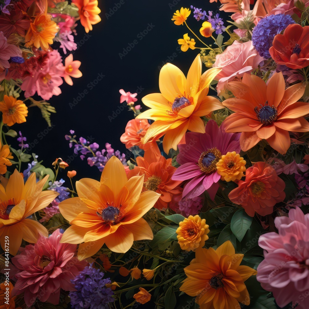 Obraz premium Vibrant Floral Bouquet on Black Background.