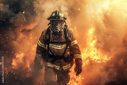 Fierce Firefighter in Full Gear Walking Through Flames During a Fire Rescue Mission