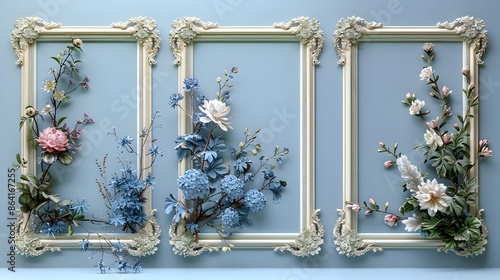 Ornate Azure and Ivory Floral Framed Silhouette Decor in Rustic Setting photo