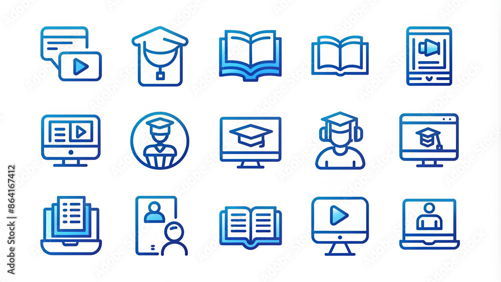 E-learning web icons set in duotone outline stroke design. Pack pictograms with university, online education, audio book, video lesson, learning, course, stream, network, podcast. Vector illustration. E-learning web icons set in duotone outline stroke design. Pack pictograms with university, online education, audio book, video lesson, learning, course, stream, network, podcast. Vector illustration.
