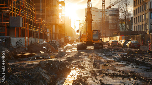 Construction site close to pavement under sunshine, showcasing active building and infrastructure development in bright outdoor conditions, Generative Ai