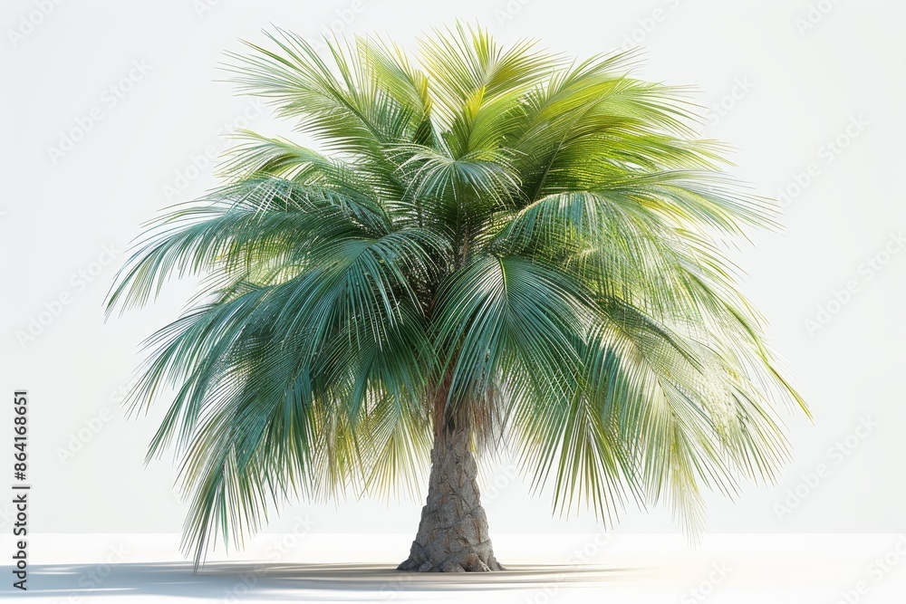 The image shows a single palm tree with green leaves against a white background. The image shows a single palm tree with green leaves against a white background.