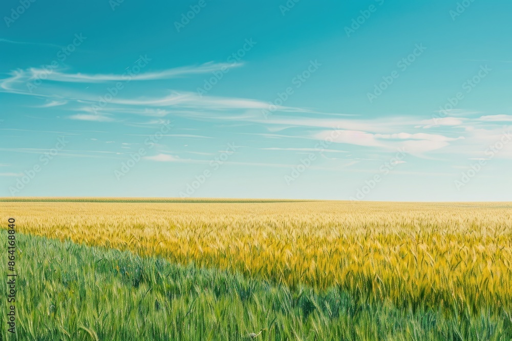 Natural landscape with green grass, field of Golden ripe wheat and blue sky with horizon line. Colorful summer panorama of combination of yellow and green fields Natural landscape with green grass, field of Golden ripe wheat and blue sky with horizon line. Colorful summer panorama of combination of yellow and green fields