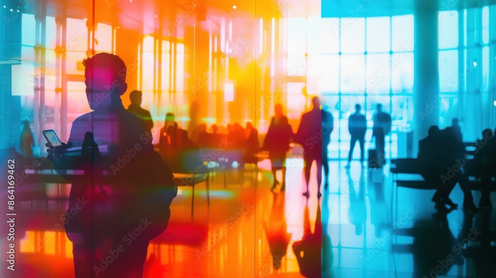 Smartphone, office lobby, close up, focus on, copy space, vibrant colors, Double exposure silhouette with modern reception Smartphone, office lobby, close up, focus on, copy space, vibrant colors, Double exposure silhouette with modern reception