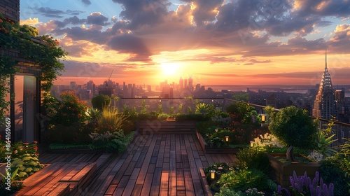 Lifelike depiction of a lush rooftop garden against the backdrop of a bustling cityscape at dusk, meticulously crafted wooden decking and a vibrant sunset horizon.