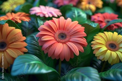 Close-up of a field of colorful gerbera daisies in full bloom. photo