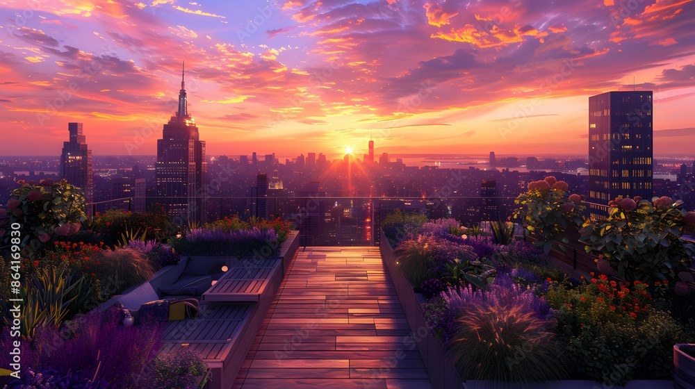 Obraz premium Lifelike depiction of a lush rooftop garden against the backdrop of a bustling cityscape at dusk, meticulously crafted wooden decking and a vibrant sunset horizon.