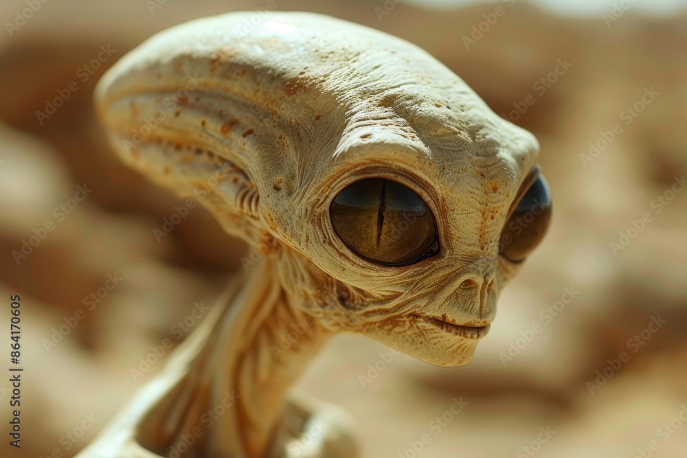 The alien has large, dark eyes, a small nose, and a mouth that is slightly open. The alien has large, dark eyes, a small nose, and a mouth that is slightly open.