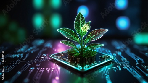 beautiful glowing flower plants growing on cities representing digital technology photo