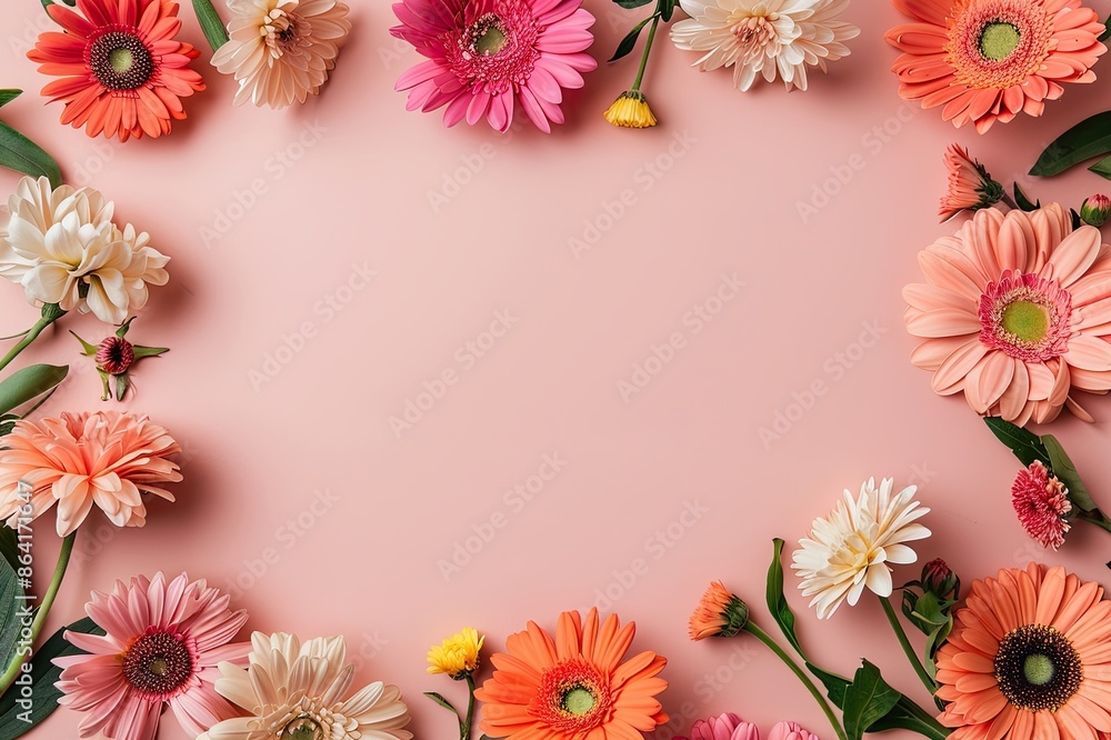 Vibrant flower frame with blank center, colorful blooms surrounding an empty space, perfect for spring designs Vibrant flower frame with blank center, colorful blooms surrounding an empty space, perfect for spring designs