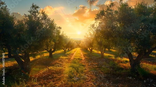 Olive grove at dawn, wide-angle view of olive trees and rows in the plantation, olive oil production theme. the serene beauty of agricultural landscapes.