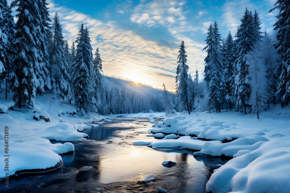 Fototapeta premium Winter Wonderland: Serene Snowy River Landscape