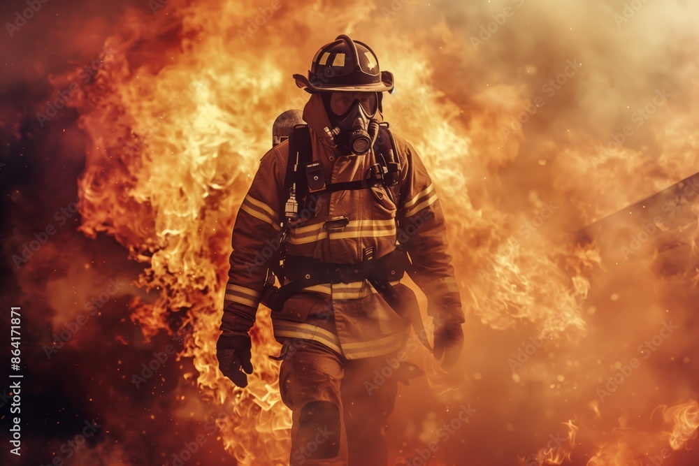 Naklejka premium Fierce and Determined Firefighter Walking Through Flames
