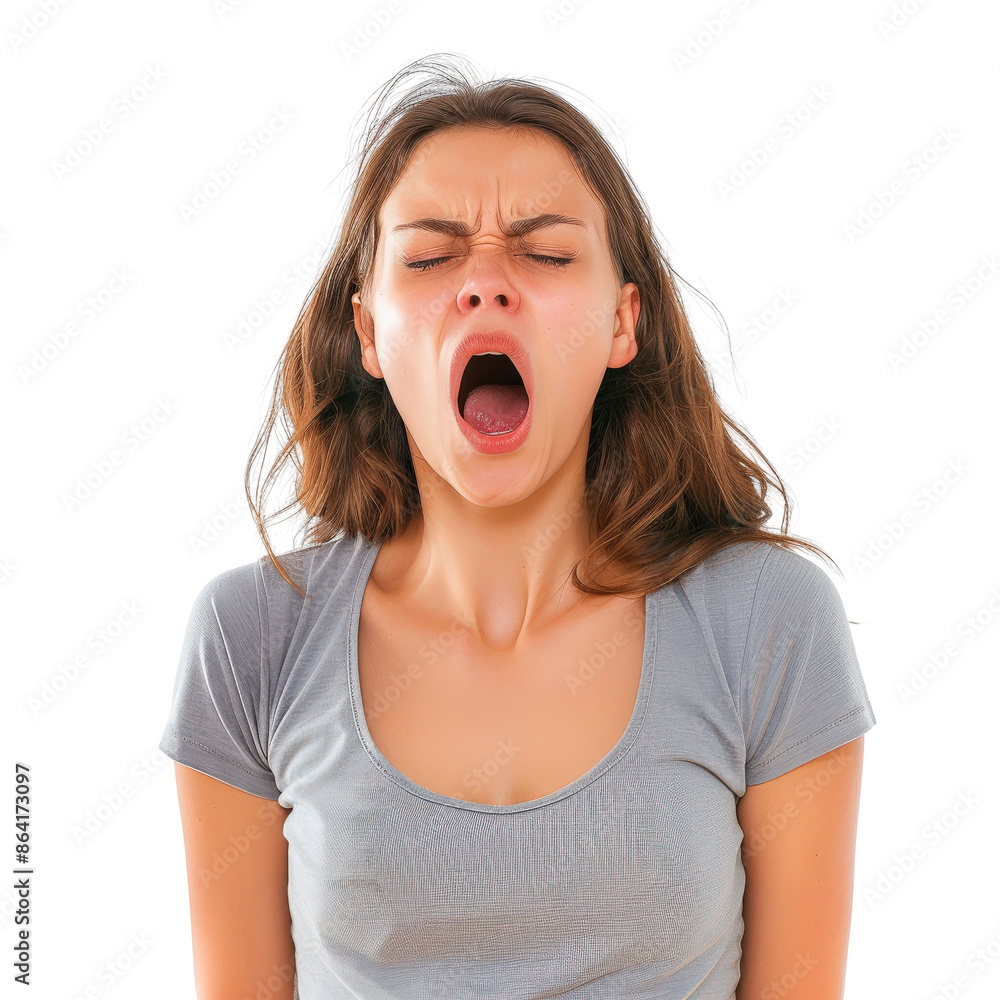 Woman yawning with closed eyes, dressed in a gray t-shirt. Isolated background, conveying fatigue, tiredness, or boredom. Woman yawning with closed eyes, dressed in a gray t-shirt. Isolated background, conveying fatigue, tiredness, or boredom.