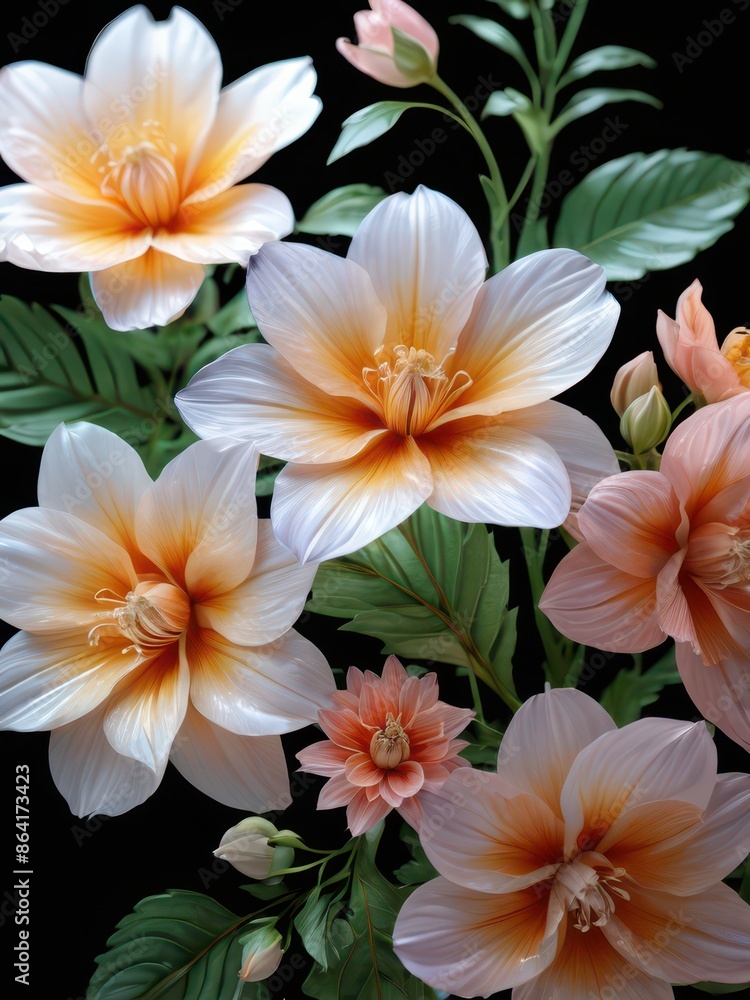 Fototapeta premium Blooming Flowers on Black Background.