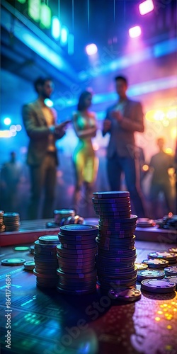 Casino chips in a stack on a gambling table.