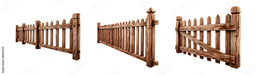 3D wooden fence with detailed textures and angle view or side view for boundaries, protection, privacy and security concepts isolated on white transparent background, png format 3D wooden fence with detailed textures and angle view or side view for boundaries, protection, privacy and security concepts isolated on white transparent background, png format